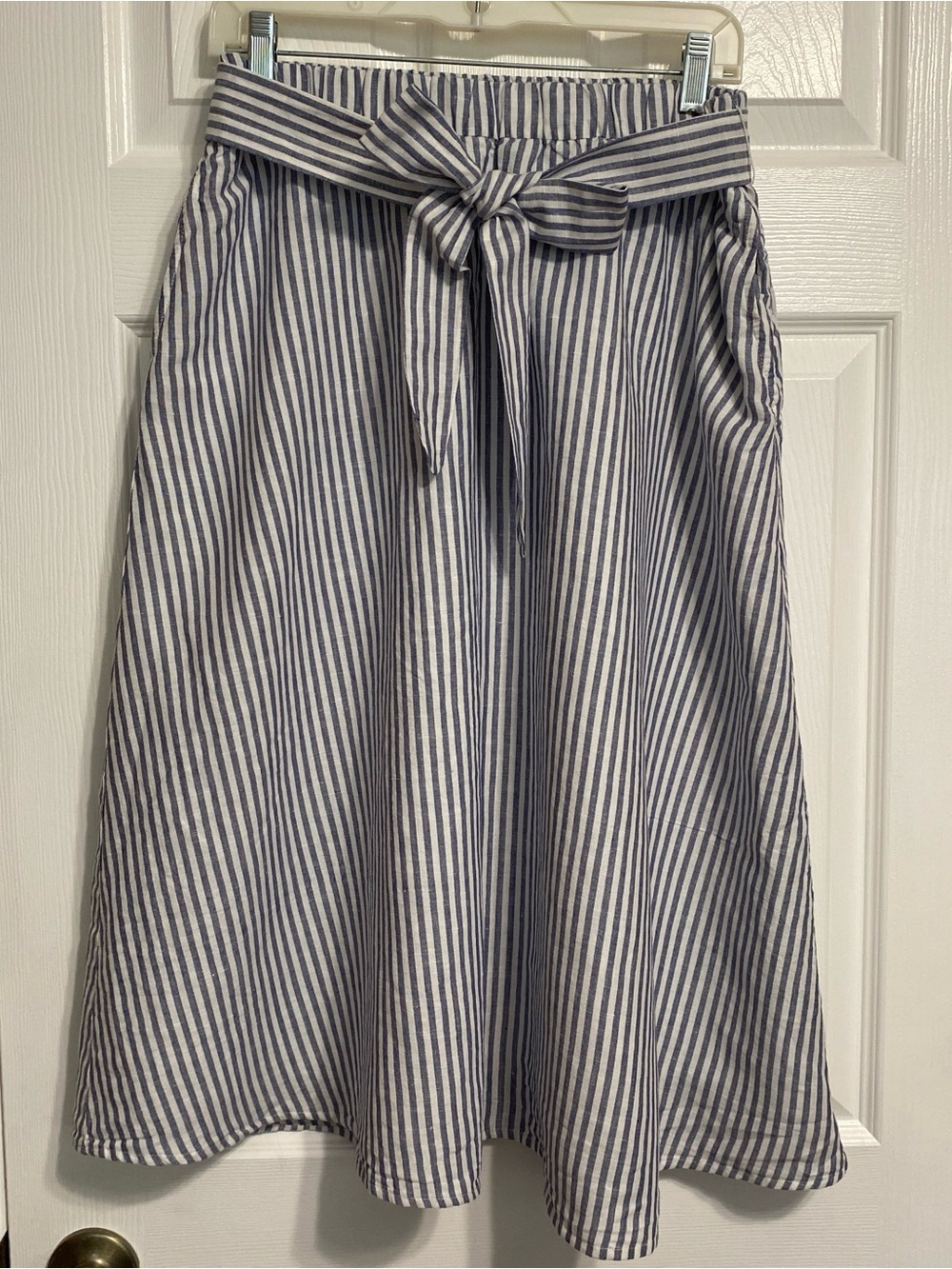 Talbots Blue & White Striped A-Line Tie-Waist Linen Skirt